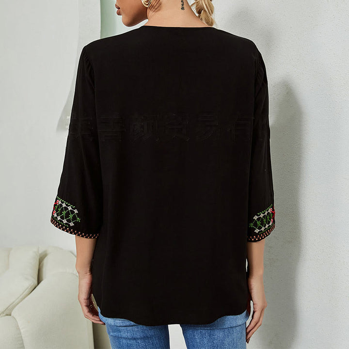 Buddha Stones Summer Embroidery Flower Simple Design Three Quarter Sleeve V-neck Cotton Women's T-Shirt - image 1