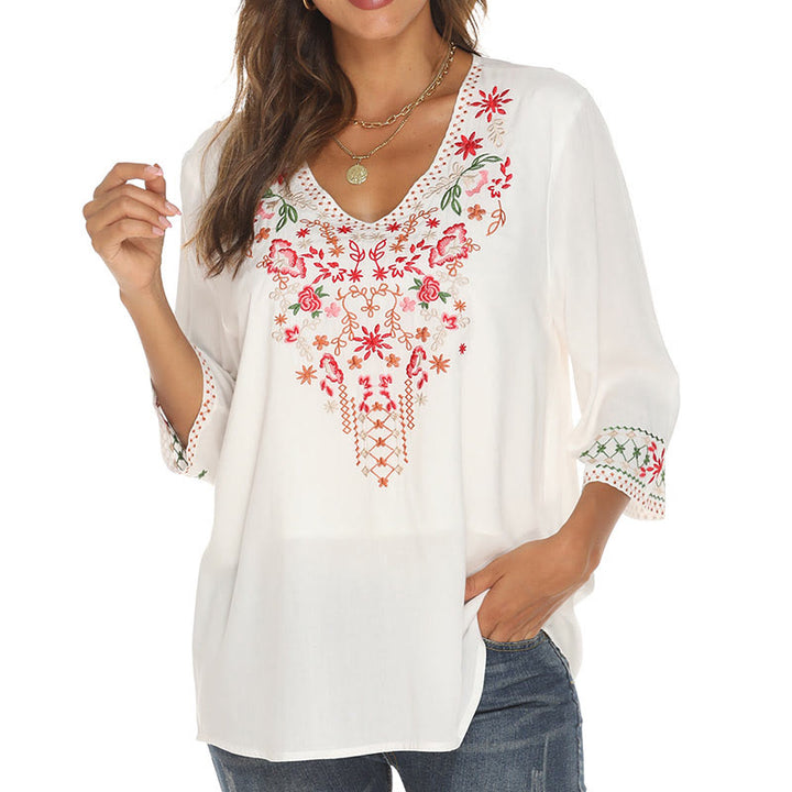 Buddha Stones Summer Embroidery Flower Simple Design Three Quarter Sleeve V-neck Cotton Women's T-Shirt - image 9
