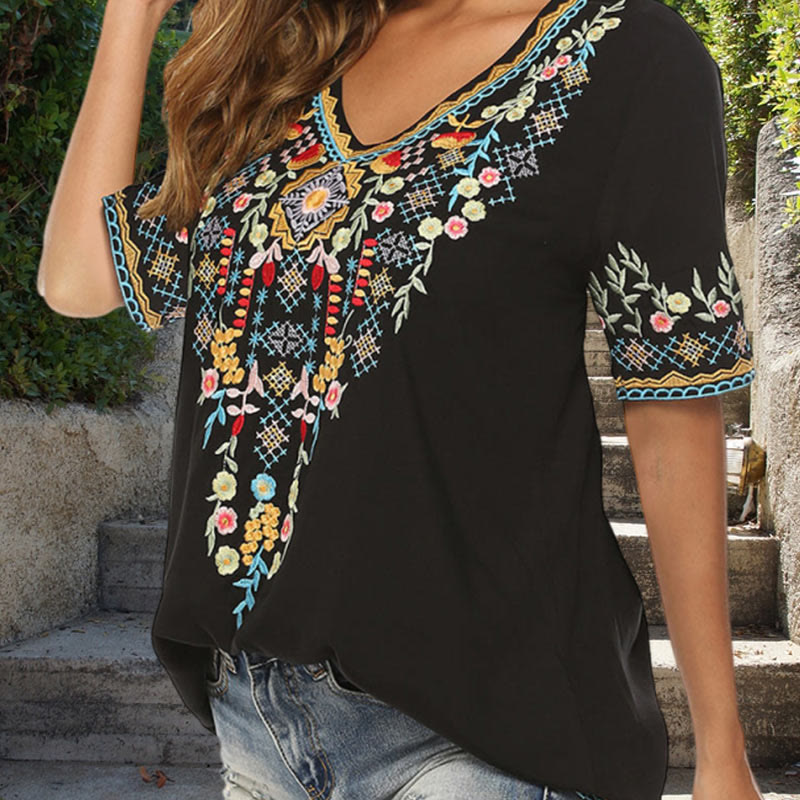 Buddha Stones Embroidery Flower Design Short Sleeve V-neck Women's T-Shirt - image 12