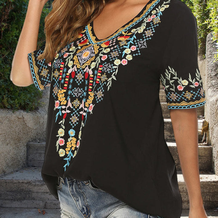 Buddha Stones Embroidery Flower Design Short Sleeve V-neck Women's T-Shirt - image 12
