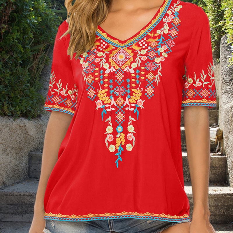 Buddha Stones Embroidery Flower Design Short Sleeve V-neck Women's T-Shirt - Red - US12，UK/AU16，EU44 (3XL) - image 6
