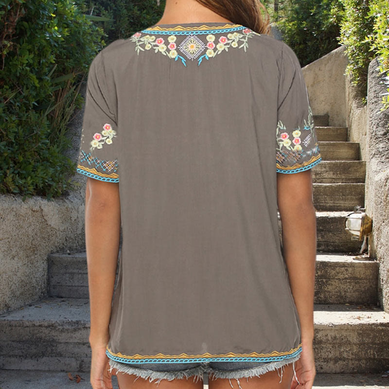 Buddha Stones Embroidery Flower Design Short Sleeve V-neck Cotton Women's T-Shirt - image 2