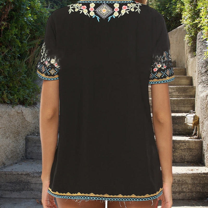 Buddha Stones Embroidery Flower Design Short Sleeve V-neck Women's T-Shirt - image 15