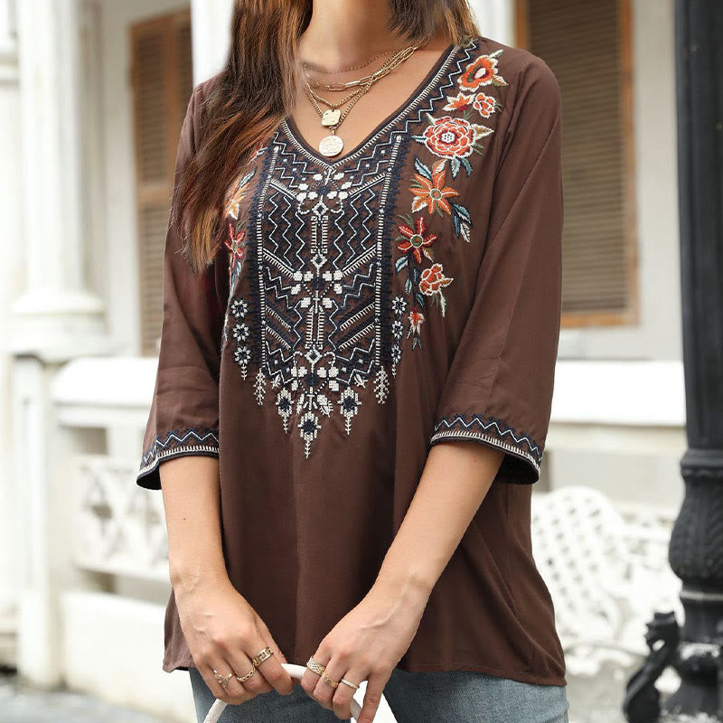 Buddha Stones Spring Casual Plain Embroidery Floral Pattern Design Three Quarter Sleeve V-neck Cotton Women's T-Shirt - Sienna - US12，UK/AU16，EU44 (3XL) - image 0