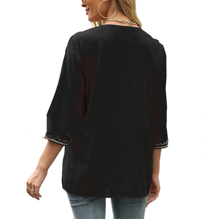 Buddha Stones Spring Casual Plain Embroidery Floral Pattern Design Three Quarter Sleeve V-neck Cotton Women's T-Shirt - image 12