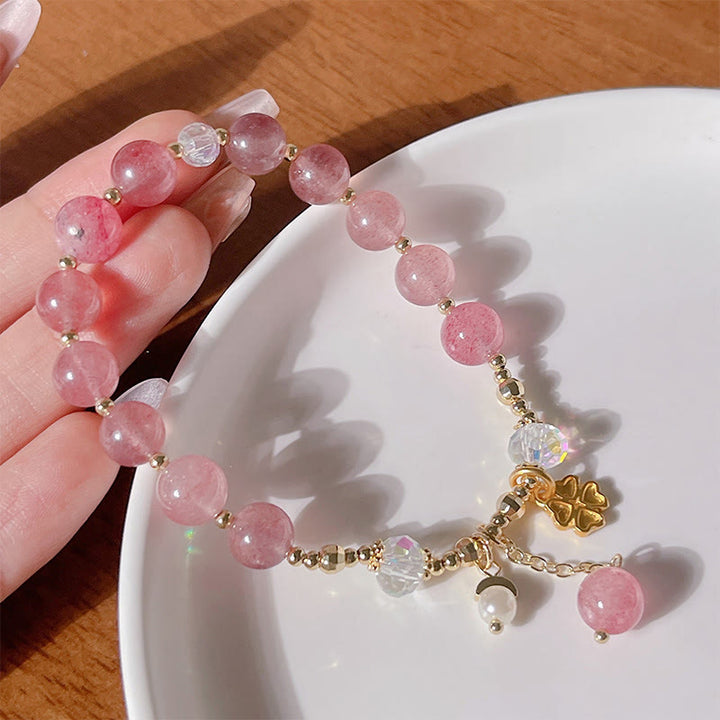 Buddha Stones Natural Strawberry Quartz Four Leaf Clover Healing Bracelet