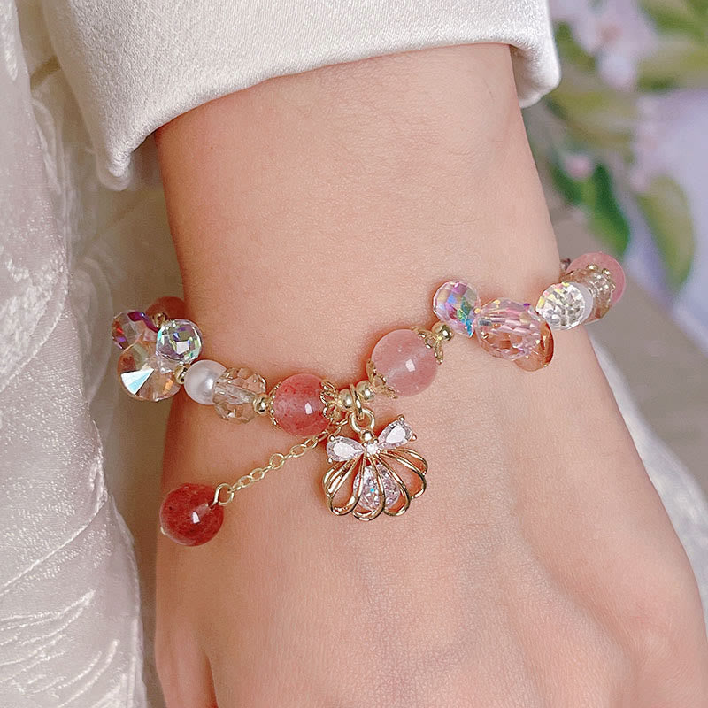 Buddha Stones Natural Strawberry Quartz Pearl Shell Positive Bracelet