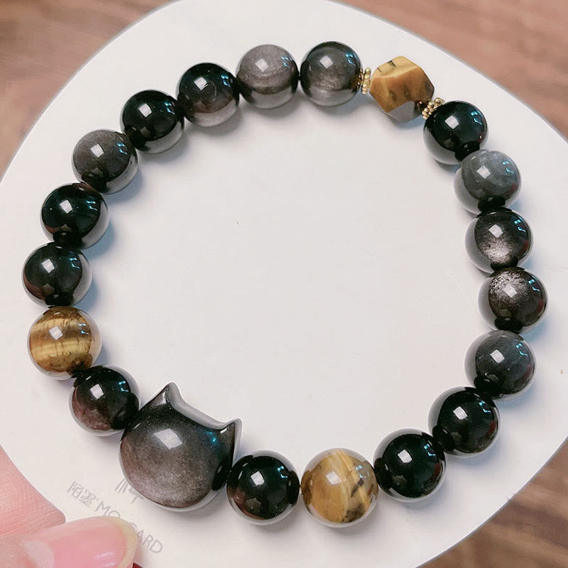 Buddha Stones Natural Silver Sheen Obsidian Beads Cute Cat Soothing Bracelet - image 11