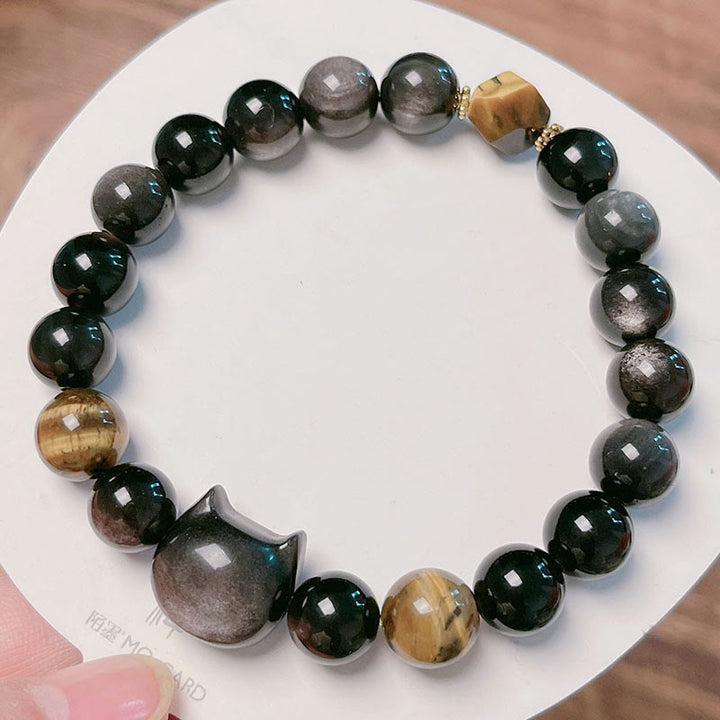 Buddha Stones Natural Silver Sheen Obsidian Beads Cute Cat Soothing Bracelet - image 11