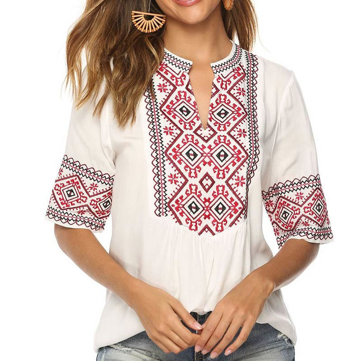 Buddha Stones Summer Boho Embroidery Floral Pattern Half Sleeve V-neck Cotton Women's T-Shirt
