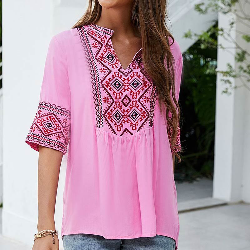 Buddha Stones Summer Boho Embroidery Floral Pattern Half Sleeve V-neck Cotton Women's T-Shirt