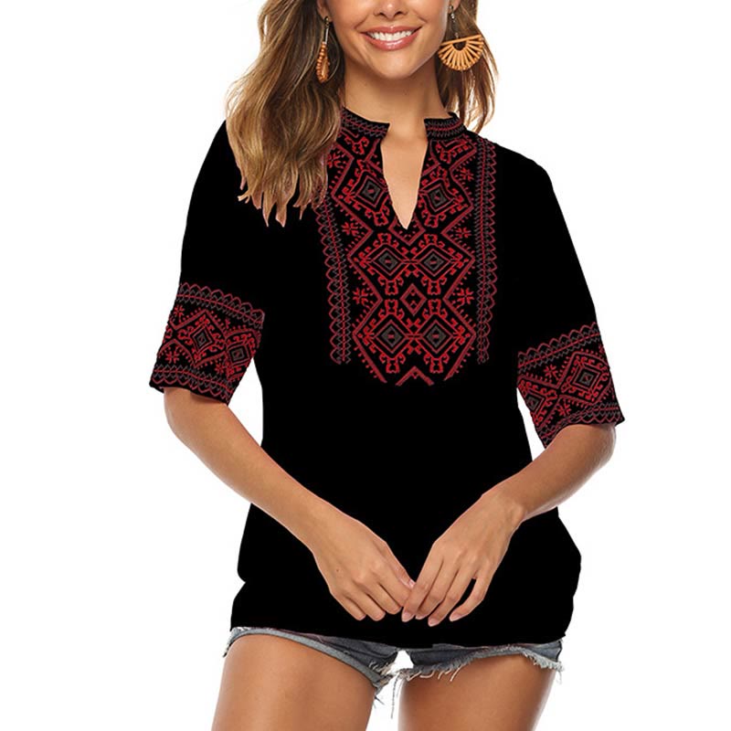 Buddha Stones Summer Boho Embroidery Floral Pattern Half Sleeve V-neck Cotton Women's T-Shirt