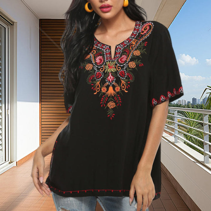 Buddha Stones Black Casual Embroidery Flower Design Half Sleeve Notched Cotton Women's T-Shirt - Black - US12，UK/AU16，EU44 (3XL) - image 0