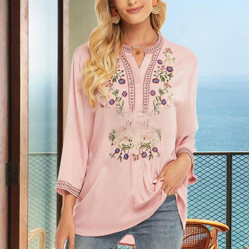 Buddha Stones Pure Color Embroidery Flower Design Long Sleeve V-Neck Cotton Women's T-Shirt - LightPink - US12，UK/AU16，EU44 (3XL) - image 0