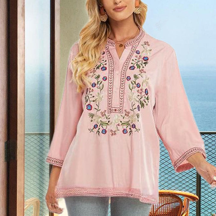 Buddha Stones Pure Color Embroidery Flower Design Long Sleeve V-Neck Cotton Women's T-Shirt - image 2