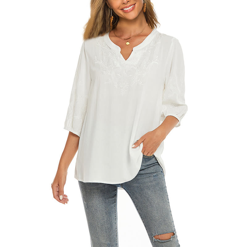 Buddha Stones Casual Solid Color Embroidery Flower Three Quarter Sleeve V-Neck Cotton Women's T-Shirt - FloralWhite - US12，UK/AU16，EU44 (3XL) - image 0