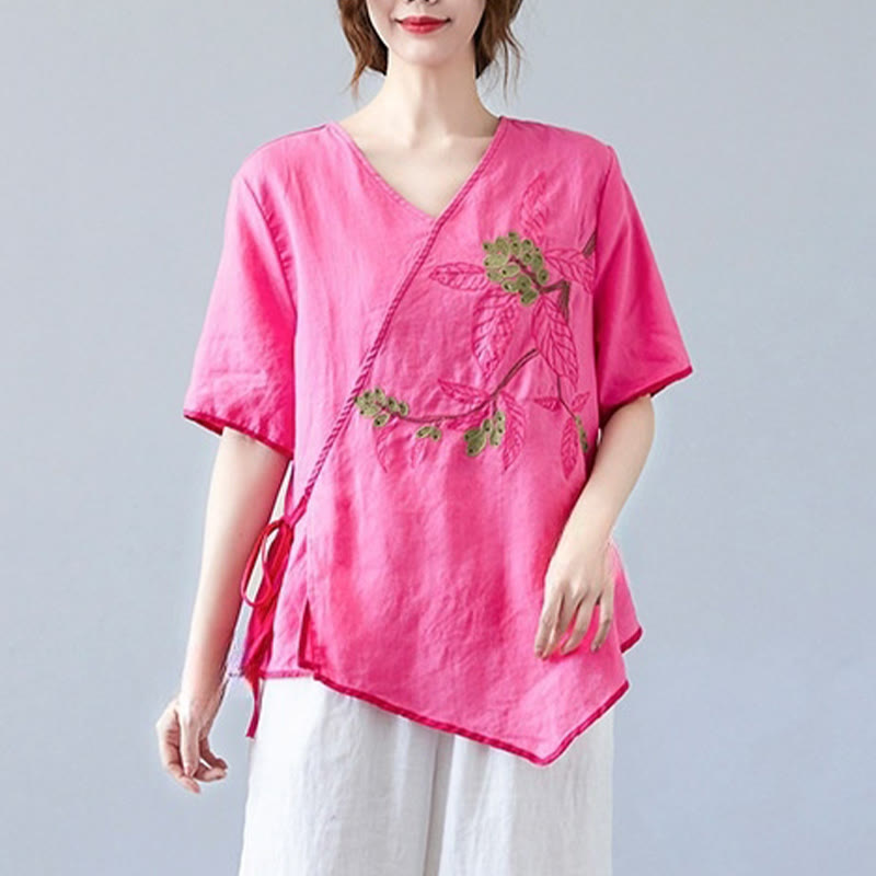 Buddha Stones Summer Casual Ethnic Embroidery Flower Lace-up Short Sleeve V-neck Cotton Linen Women's T-Shirt - image 21