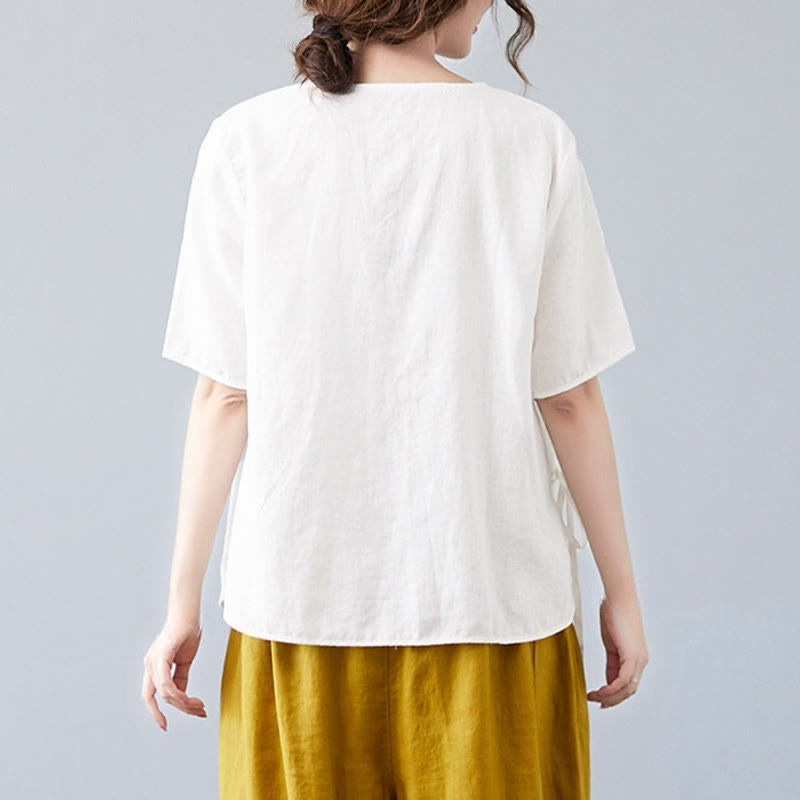 Buddha Stones Summer Casual Ethnic Embroidery Flower Lace-up Short Sleeve V-neck Cotton Linen Women's T-Shirt - image 14