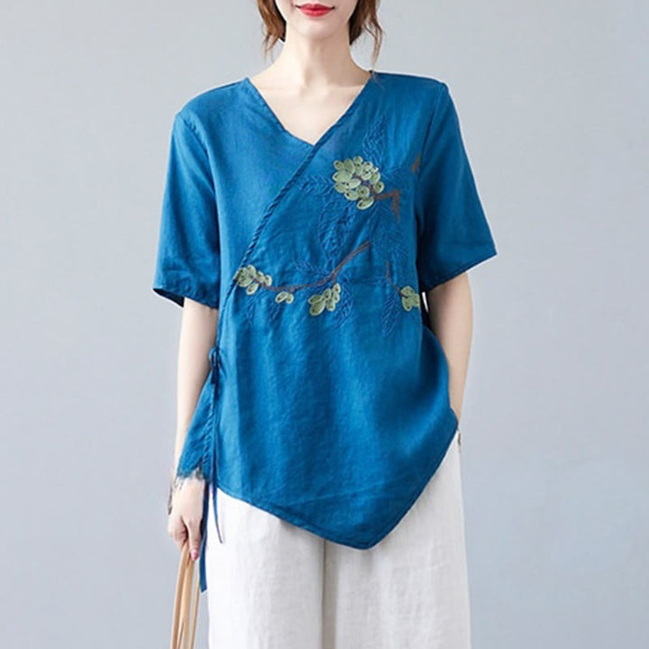 Buddha Stones Summer Casual Ethnic Embroidery Flower Lace-up Short Sleeve V-neck Cotton Linen Women's T-Shirt - image 2