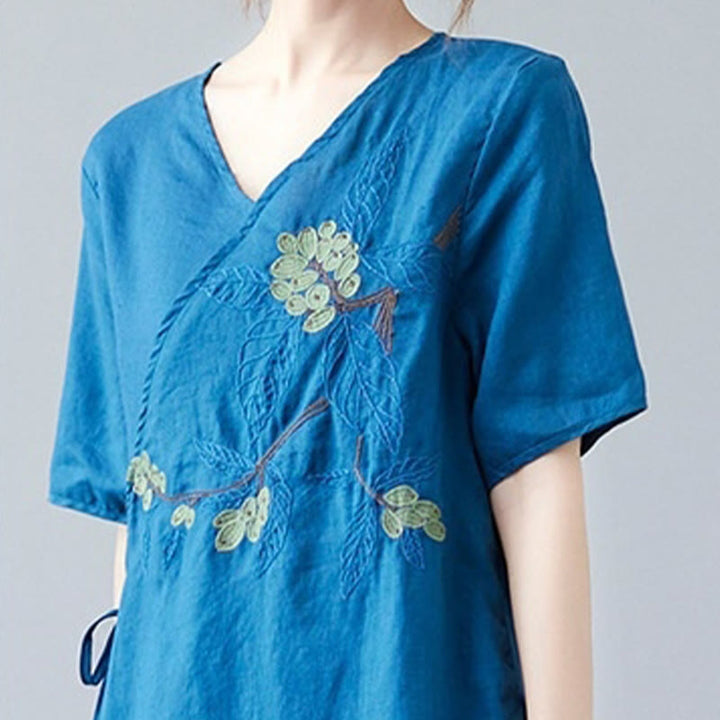Buddha Stones Summer Casual Ethnic Embroidery Flower Lace-up Short Sleeve V-neck Cotton Linen Women's T-Shirt - image 8