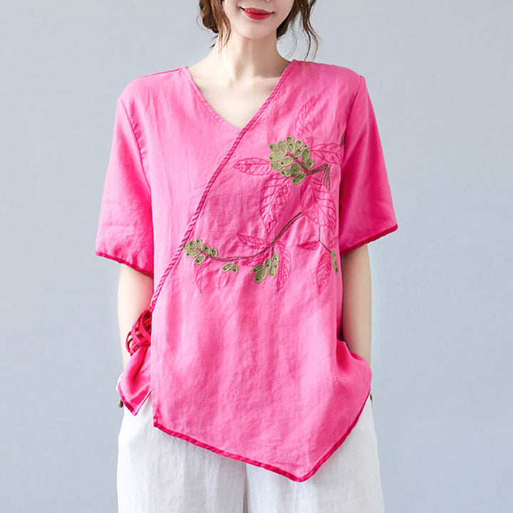 Buddha Stones Summer Casual Ethnic Embroidery Flower Lace-up Short Sleeve V-neck Cotton Linen Women's T-Shirt - image 22