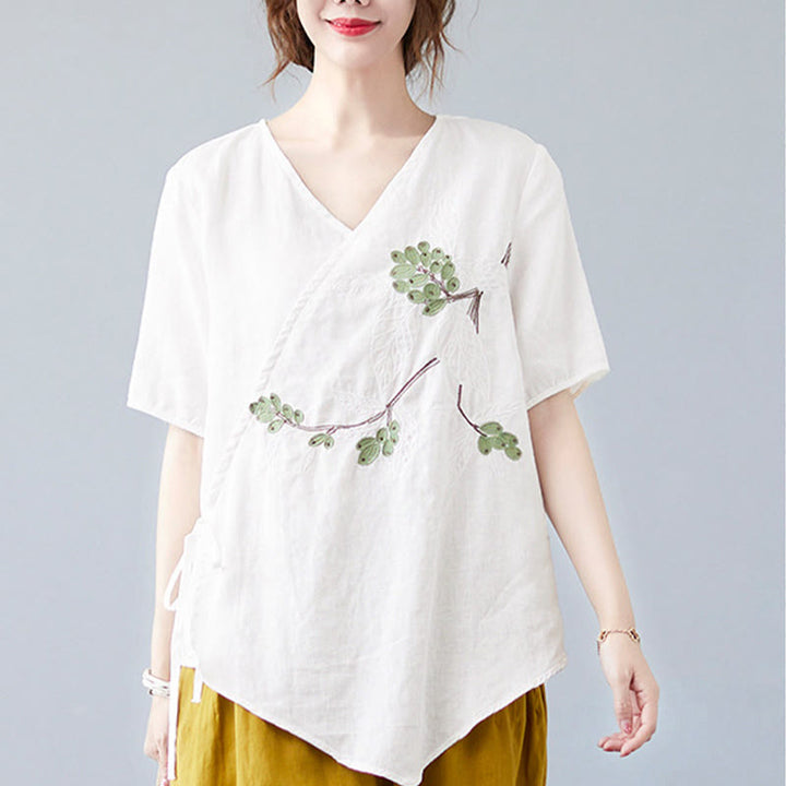 Buddha Stones Summer Casual Ethnic Embroidery Flower Lace-up Short Sleeve V-neck Cotton Linen Women's T-Shirt - image 15