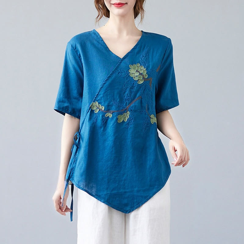 Buddha Stones Summer Casual Ethnic Embroidery Flower Lace-up Short Sleeve V-neck Cotton Linen Women's T-Shirt - image 4