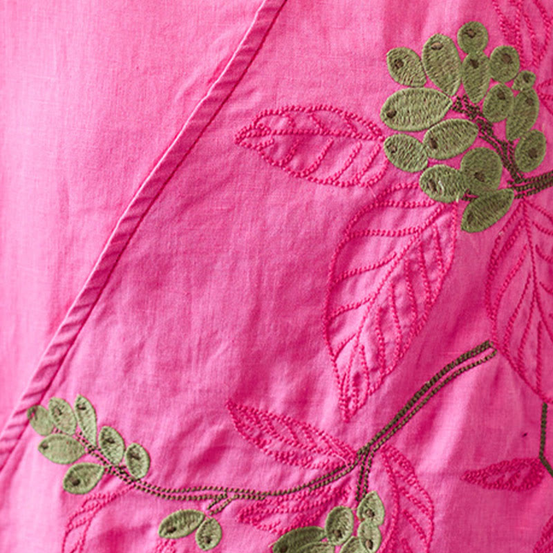 Buddha Stones Summer Casual Ethnic Embroidery Flower Lace-up Short Sleeve V-neck Cotton Linen Women's T-Shirt - image 29