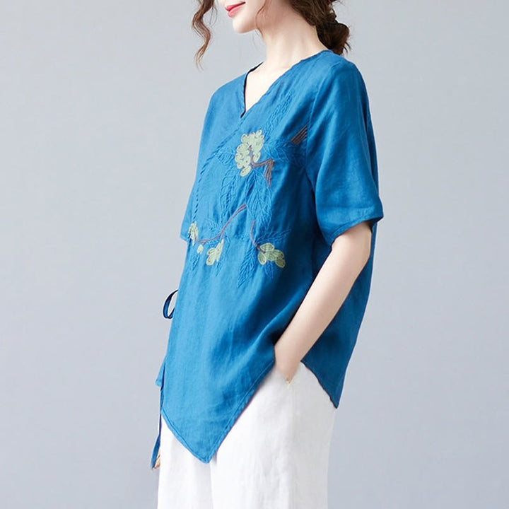 Buddha Stones Summer Casual Ethnic Embroidery Flower Lace-up Short Sleeve V-neck Cotton Linen Women's T-Shirt - image 3