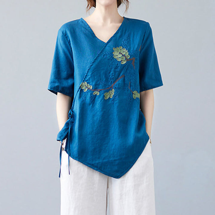 Buddha Stones Summer Casual Ethnic Embroidery Flower Lace-up Short Sleeve V-neck Cotton Linen Women's T-Shirt - image 6