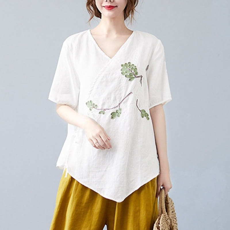 Buddha Stones Summer Casual Ethnic Embroidery Flower Lace-up Short Sleeve V-neck Cotton Linen Women's T-Shirt - image 12