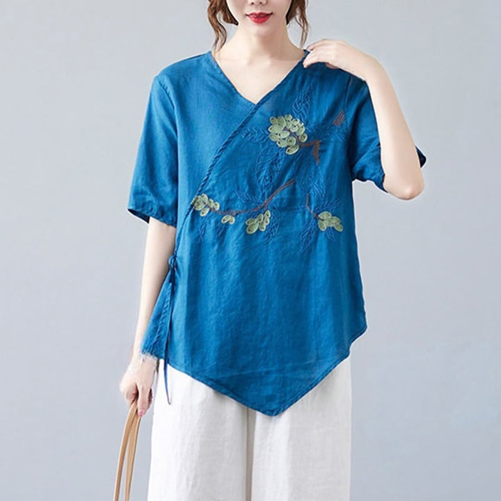 Buddha Stones Summer Casual Ethnic Embroidery Flower Lace-up Short Sleeve V-neck Cotton Linen Women's T-Shirt - image 5
