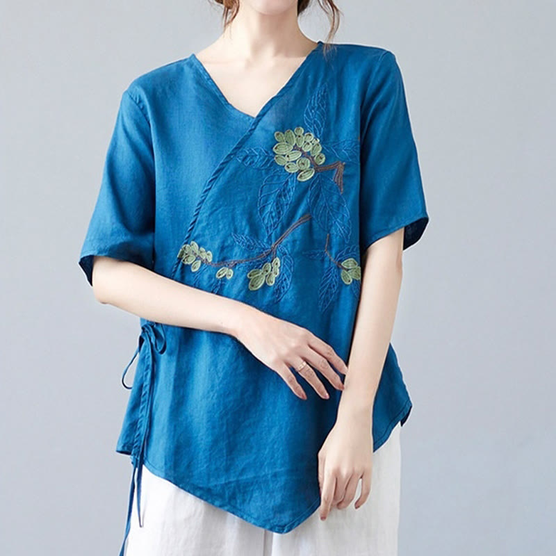 Buddha Stones Summer Casual Ethnic Embroidery Flower Lace-up Short Sleeve V-neck Cotton Linen Women's T-Shirt - image 7