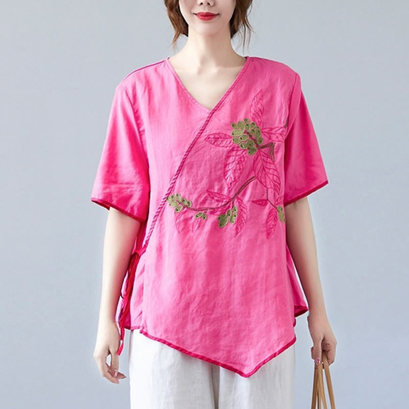 Buddha Stones Summer Casual Ethnic Embroidery Flower Lace-up Short Sleeve V-neck Cotton Linen Women's T-Shirt - image 20