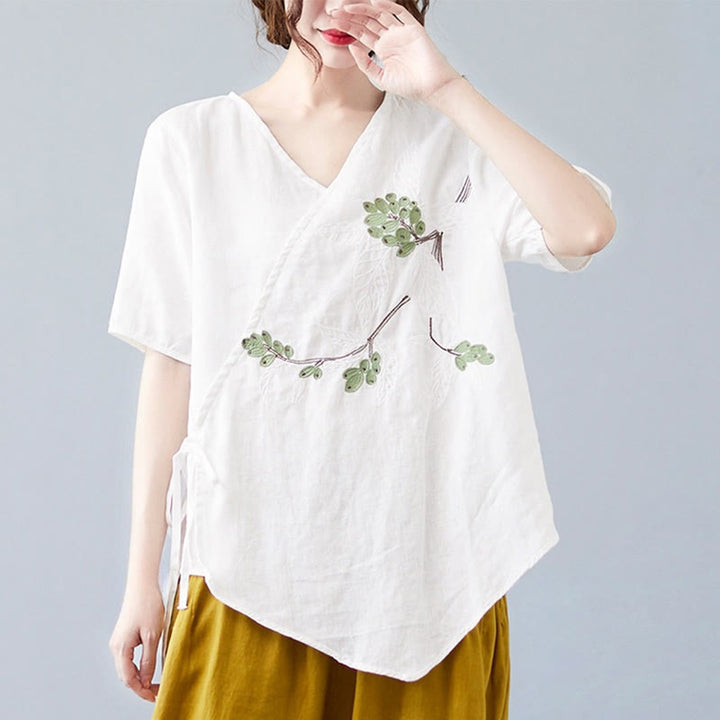 Buddha Stones Summer Casual Ethnic Embroidery Flower Lace-up Short Sleeve V-neck Cotton Linen Women's T-Shirt - White - US8-10，UK/AU12-14，EU40-42 (2XL) - image 10