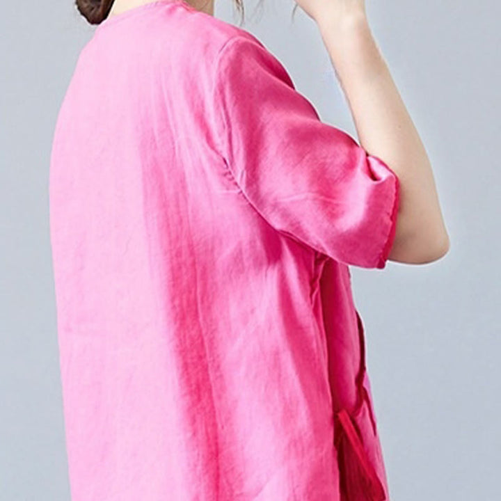 Buddha Stones Summer Casual Ethnic Embroidery Flower Lace-up Short Sleeve V-neck Cotton Linen Women's T-Shirt - image 24
