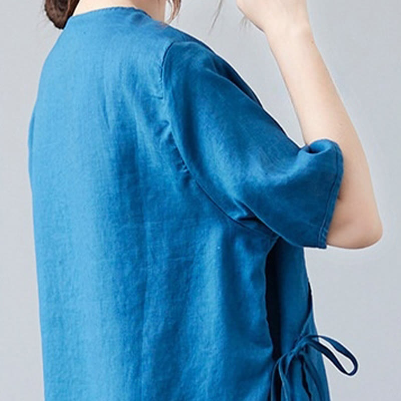 Buddha Stones Summer Casual Ethnic Embroidery Flower Lace-up Short Sleeve V-neck Cotton Linen Women's T-Shirt - image 9