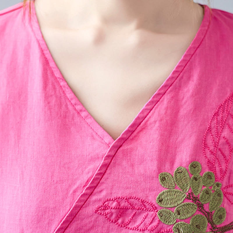 Buddha Stones Summer Casual Ethnic Embroidery Flower Lace-up Short Sleeve V-neck Cotton Linen Women's T-Shirt - image 25