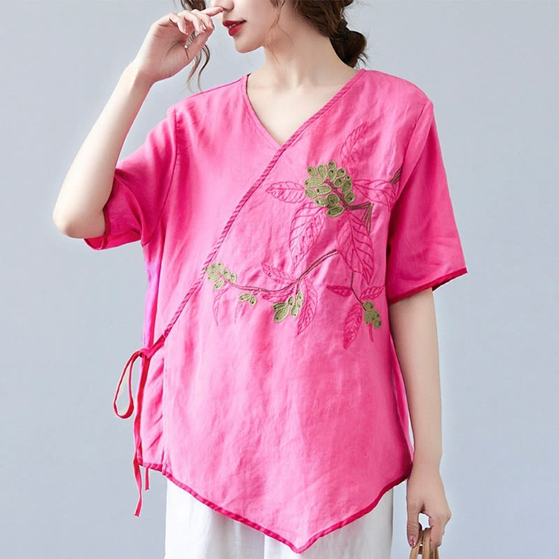 Buddha Stones Summer Casual Ethnic Embroidery Flower Lace-up Short Sleeve V-neck Cotton Linen Women's T-Shirt - DeepPink - US8-10，UK/AU12-14，EU40-42 (2XL) - image 17