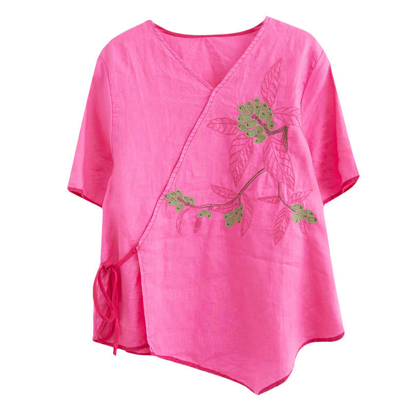 Buddha Stones Summer Casual Ethnic Embroidery Flower Lace-up Short Sleeve V-neck Cotton Linen Women's T-Shirt - image 31