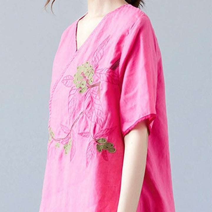 Buddha Stones Summer Casual Ethnic Embroidery Flower Lace-up Short Sleeve V-neck Cotton Linen Women's T-Shirt - image 23