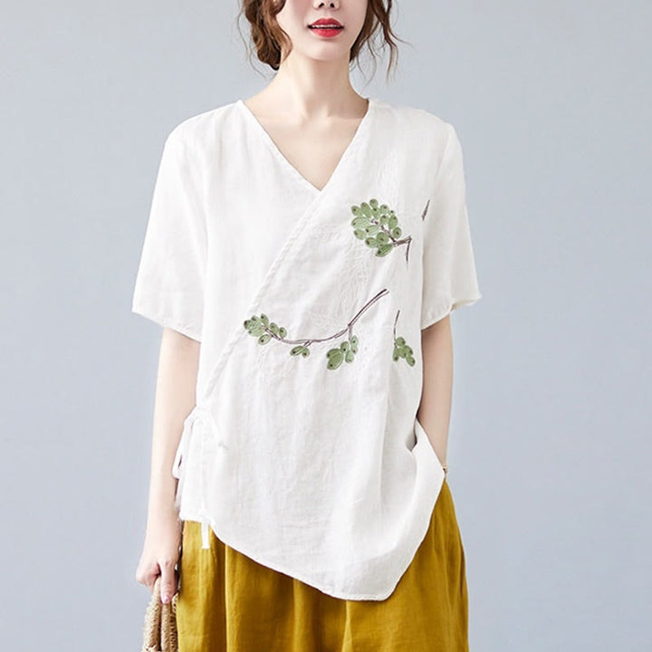 Buddha Stones Summer Casual Ethnic Embroidery Flower Lace-up Short Sleeve V-neck Cotton Linen Women's T-Shirt - image 13