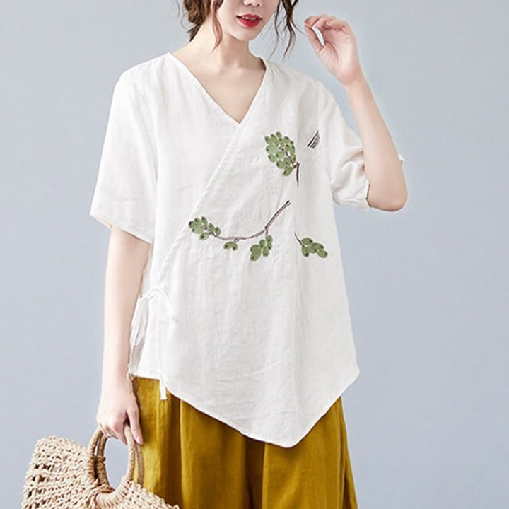 Buddha Stones Summer Casual Ethnic Embroidery Flower Lace-up Short Sleeve V-neck Cotton Linen Women's T-Shirt - image 11