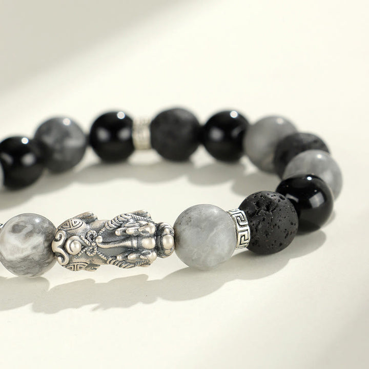 Buddha Stones 999 Sterling Silver PiXiu Black Onyx Grey Jasper Lava Rock Protection Bracelet - image 3