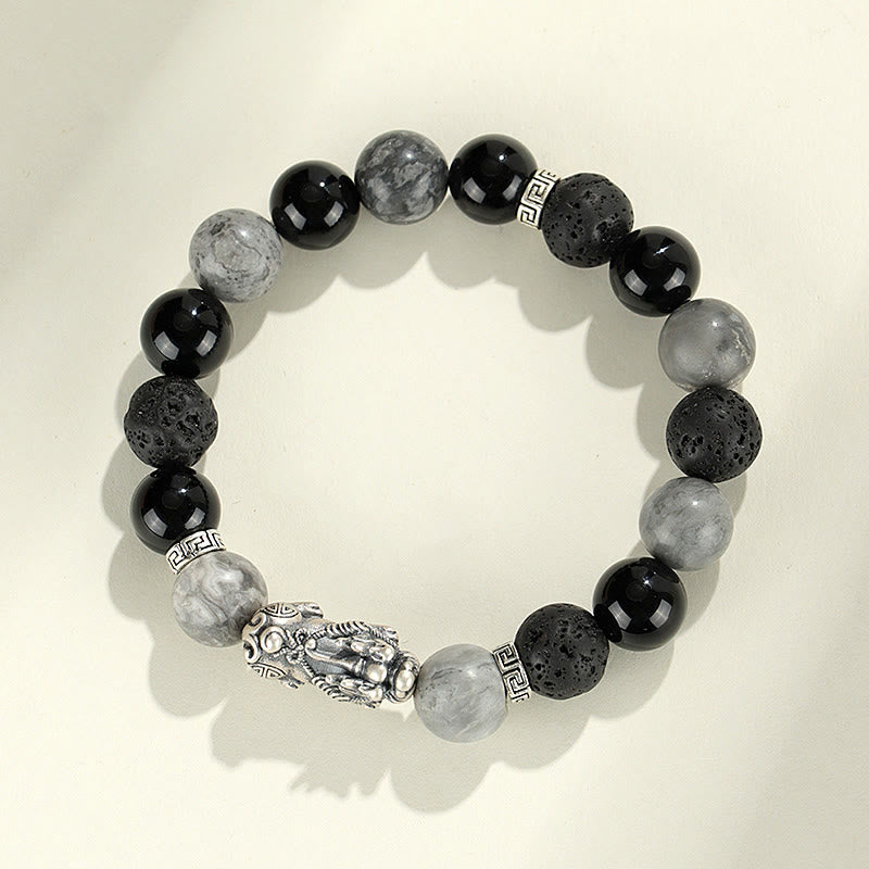 Buddha Stones 999 Sterling Silver PiXiu Black Onyx Grey Jasper Lava Rock Protection Bracelet