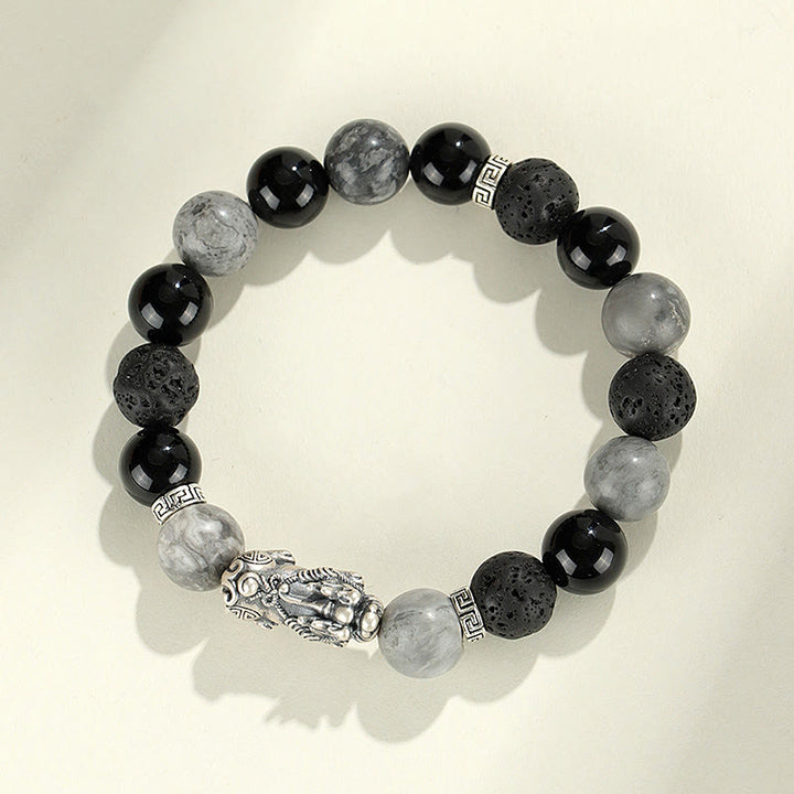 Buddha Stones 999 Sterling Silver PiXiu Black Onyx Grey Jasper Lava Rock Protection Bracelet