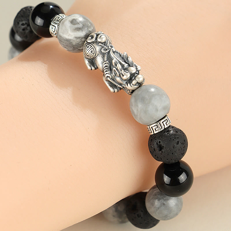 Buddha Stones 999 Sterling Silver PiXiu Black Onyx Grey Jasper Lava Rock Protection Bracelet - image 4
