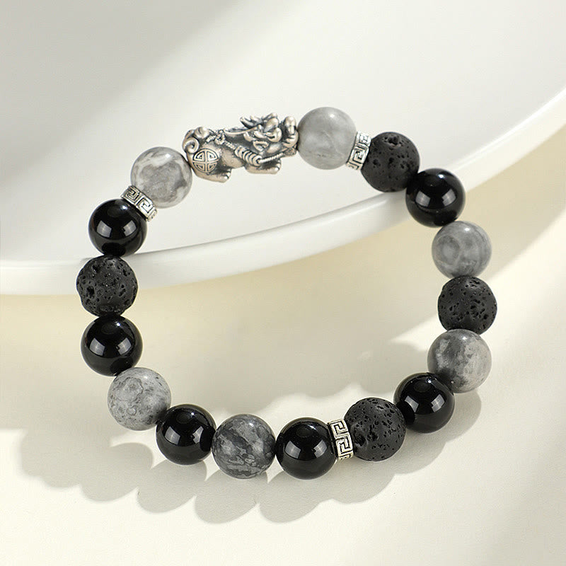 Buddha Stones 999 Sterling Silver PiXiu Black Onyx Grey Jasper Lava Rock Protection Bracelet