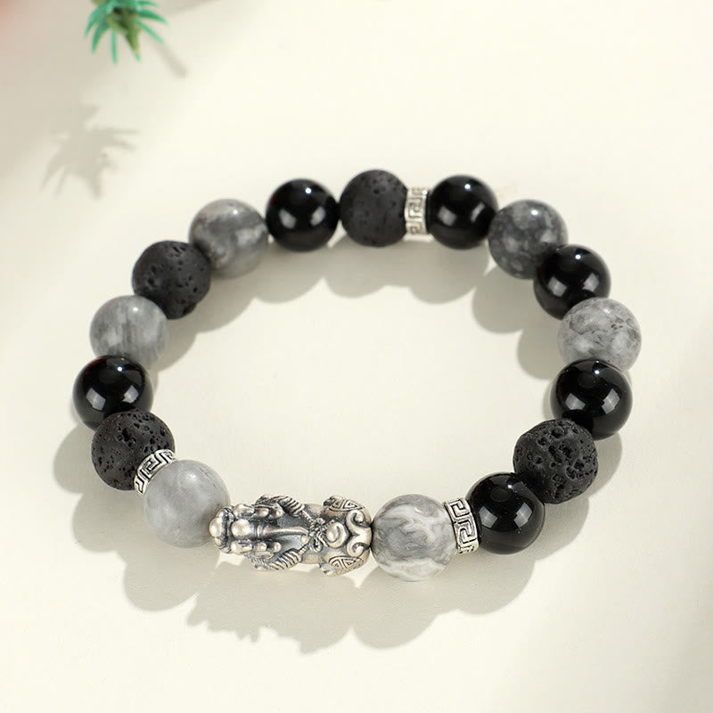 Buddha Stones 999 Sterling Silver PiXiu Black Onyx Grey Jasper Lava Rock Protection Bracelet - image 11