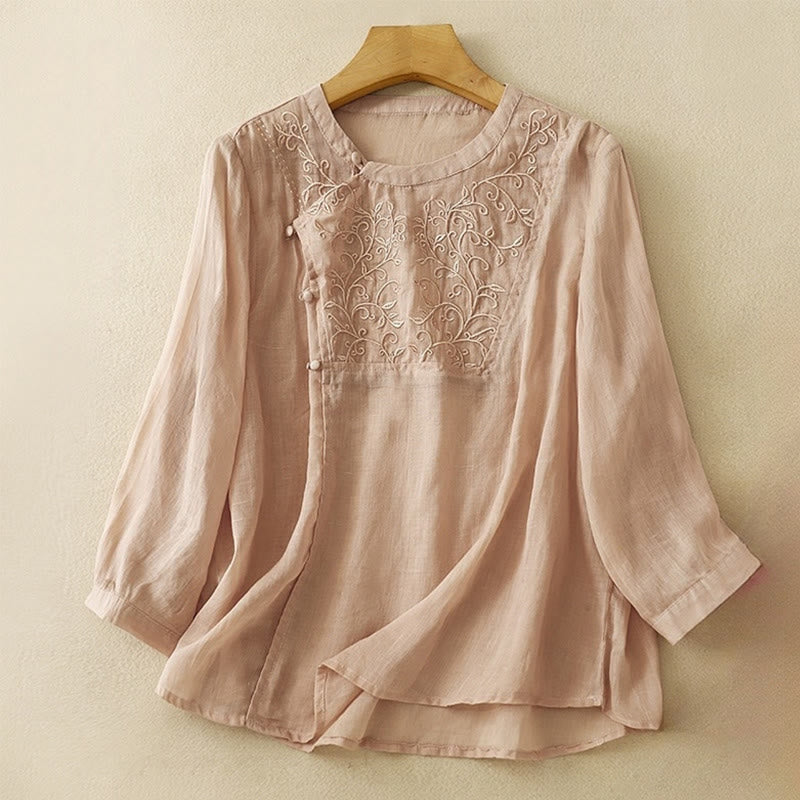 Buddha Stones Plain Frog-Button Embroidery Vine Long Sleeve Slanted Collar Cotton Linen Women's Shirt - DarkSalmon - US8-10，UK/AU12-14，EU40-42 (2XL) - image 4
